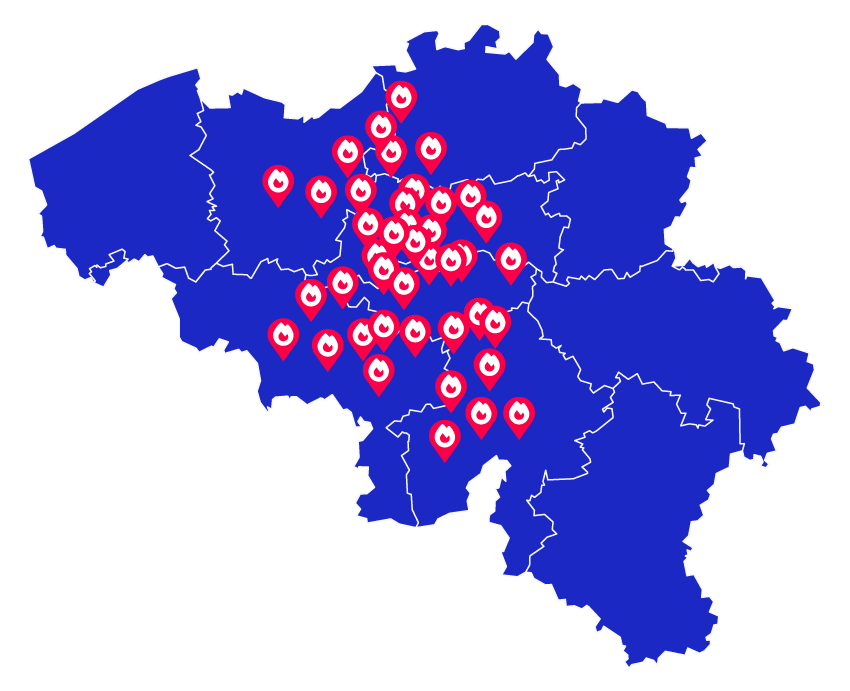 map bleue de la belgique avec les techniciens répertorié